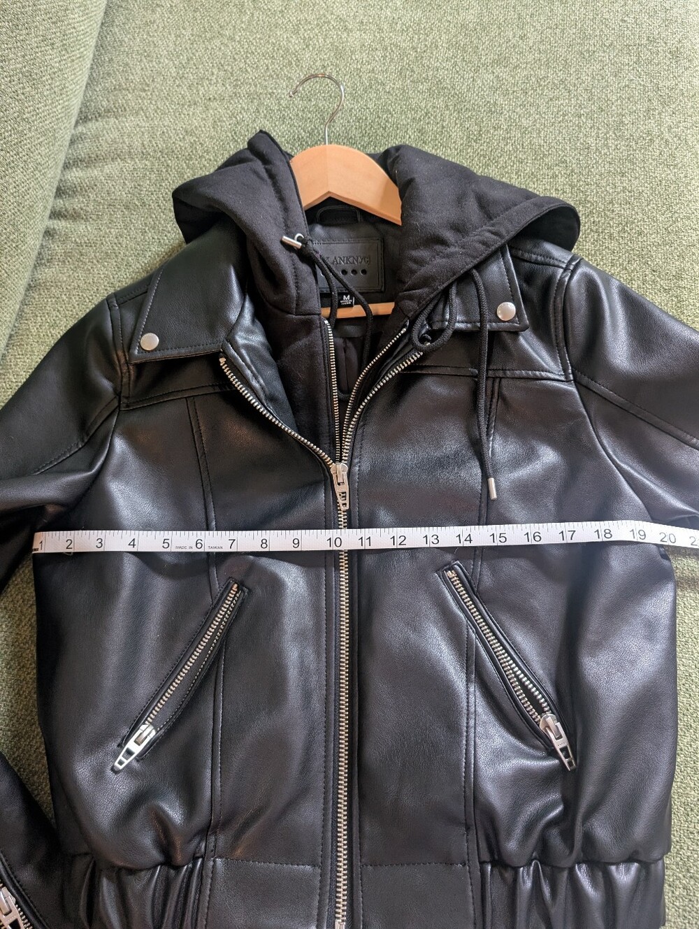 Black Leather Bomber Jacket with Hoodie - Picture 4 of 4